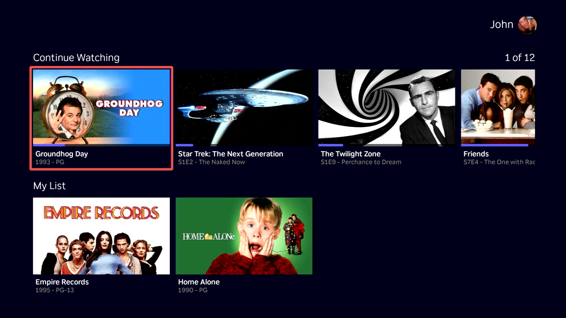 Pantalla de inicio mostrando la fila Mi Lista