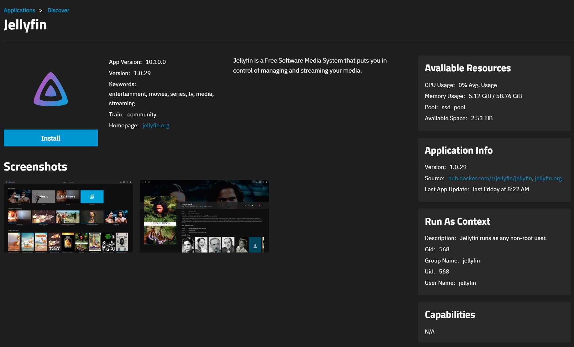 Scherm met Jellyfin-applicatiedetails