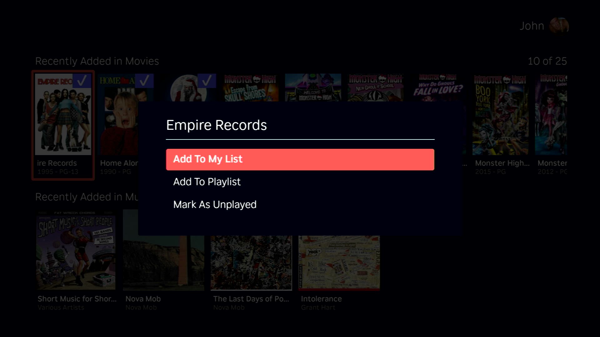 Optiemenu dat verschijnt wanneer je een item selecteert en op de *-knop drukt