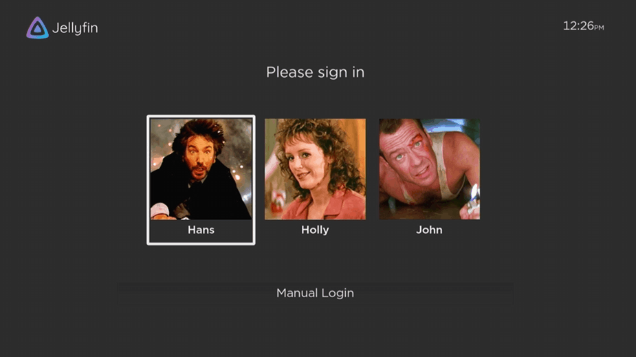 Jellyfin Roku 应用中的用户选择界面截图